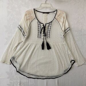 Sheer Lace Embroidered Lace-up Coastal Cowgirl Prairie Baby Doll Blouse